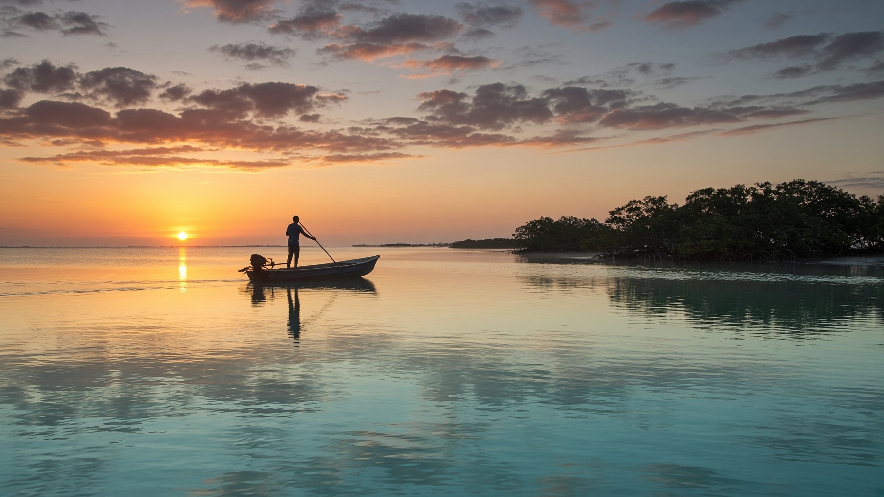 Flats skiff at Gulf Coast sunrise